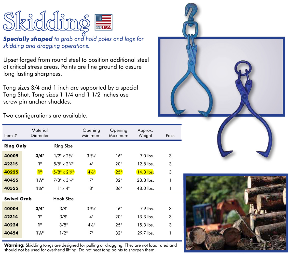 Carbon Timber Skidding Tongs 41/225 Inch Wesco Industries